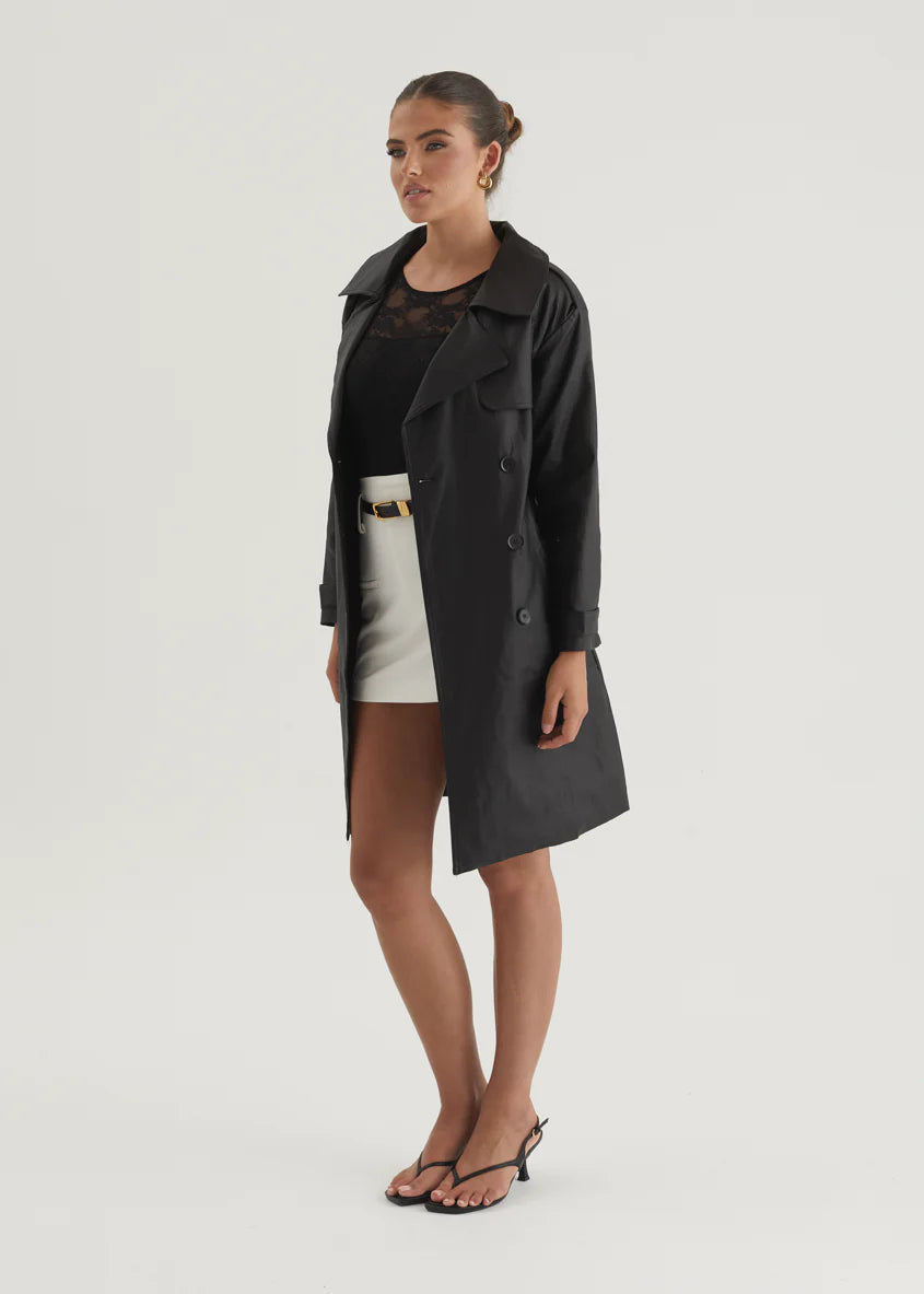 Rexia Coated Trench Coat - Black