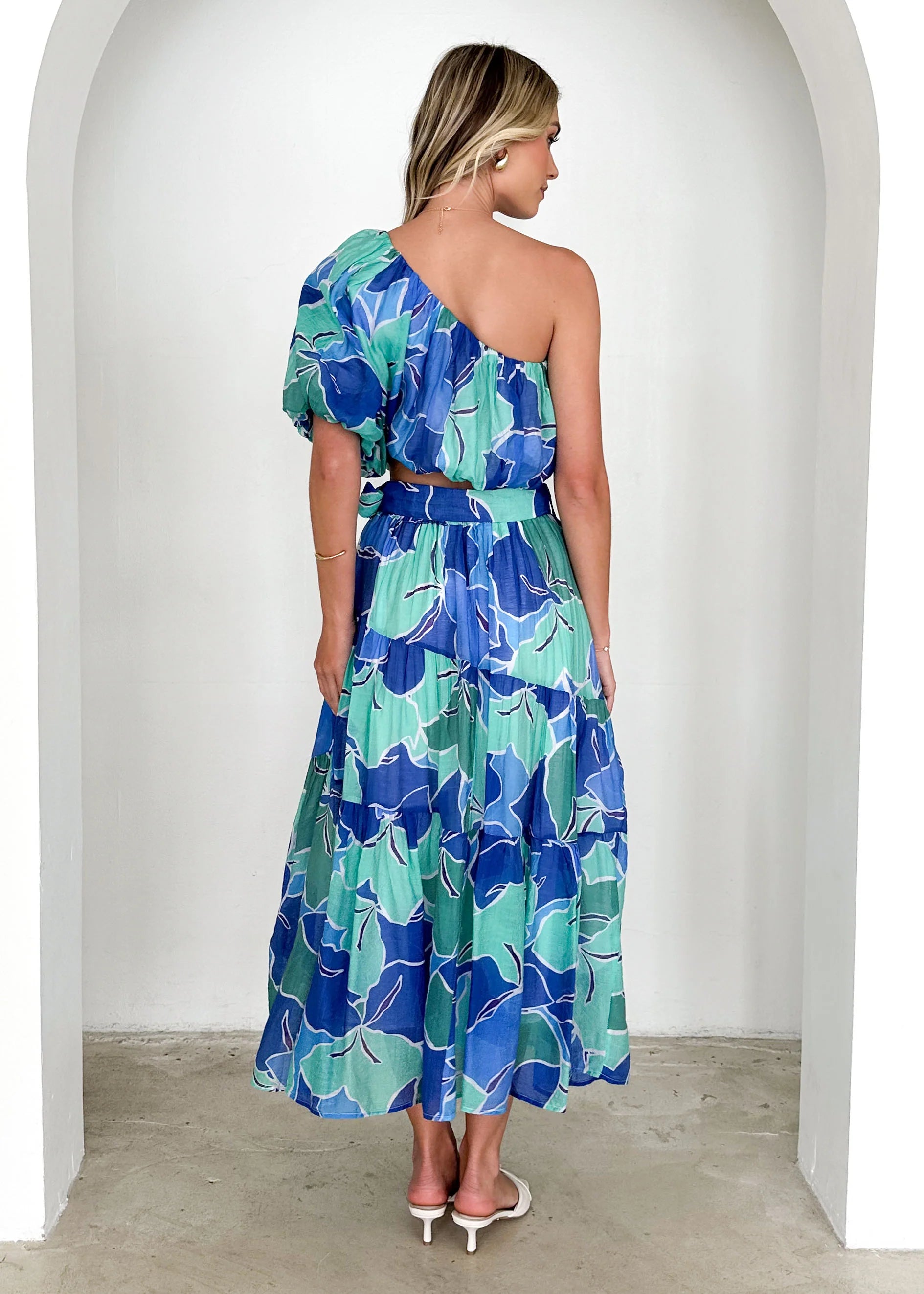 Ivanna One Shoulder Crop - Blue Abstract