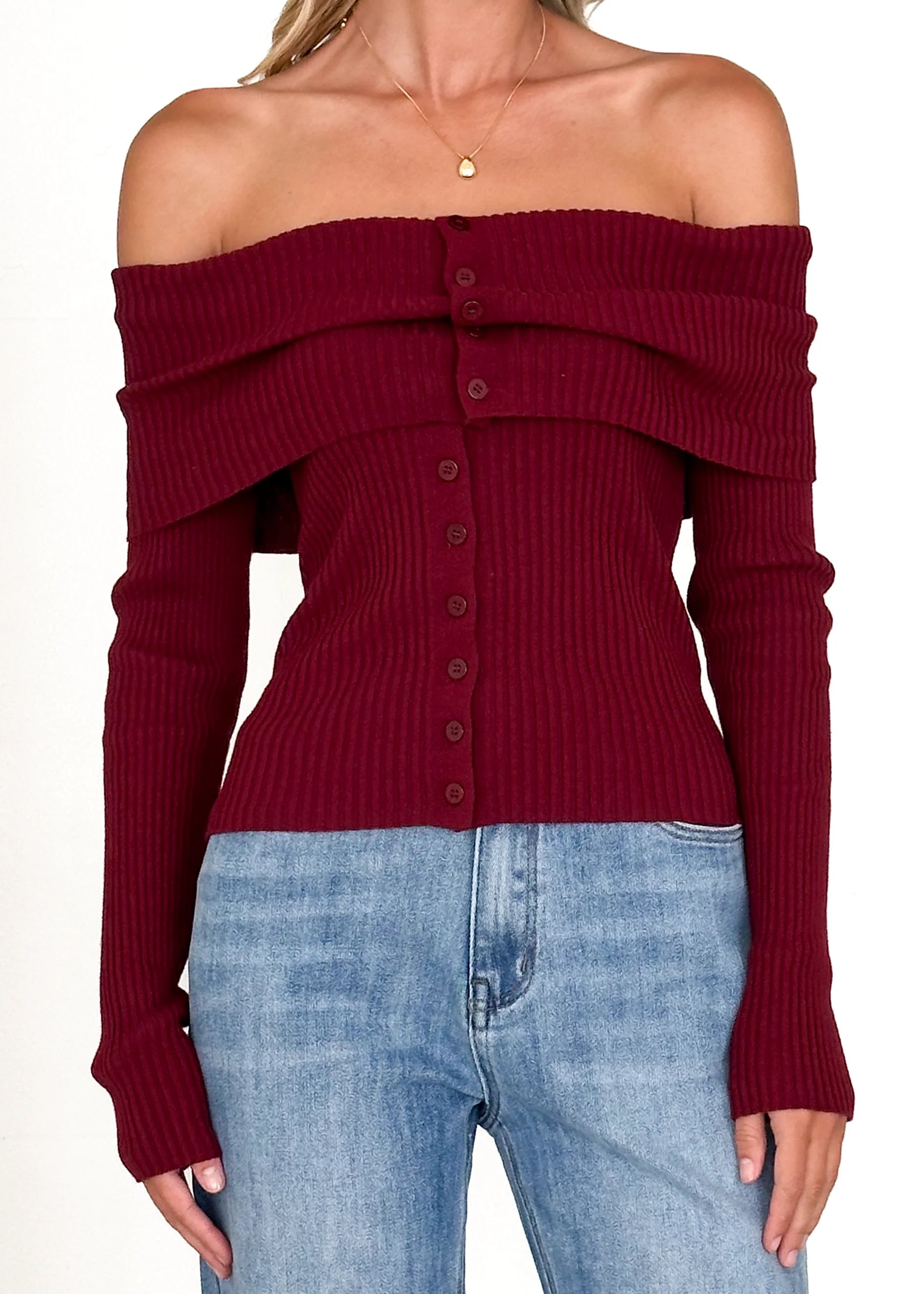 Talulah Off Shoulder Knit Top - Wine
