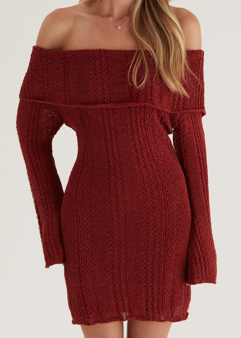 Luna Off Shoulder Knit Dress - Maroon