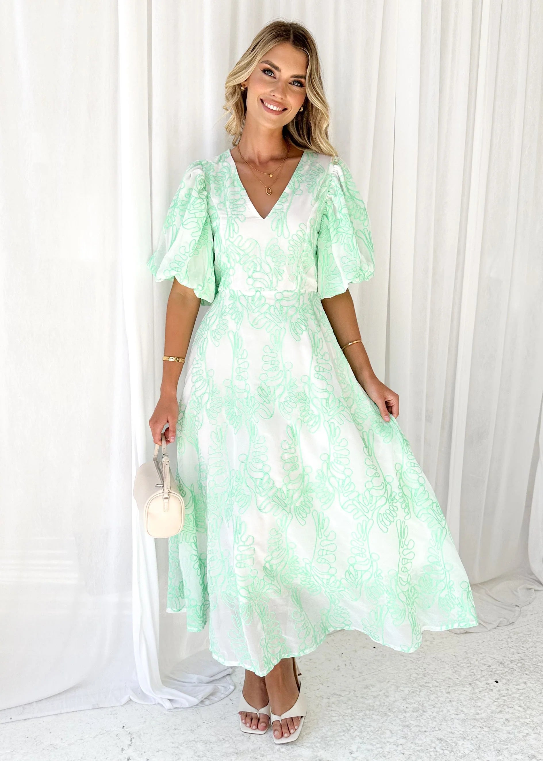 Ninetta Midi Dress - Green Embroidered