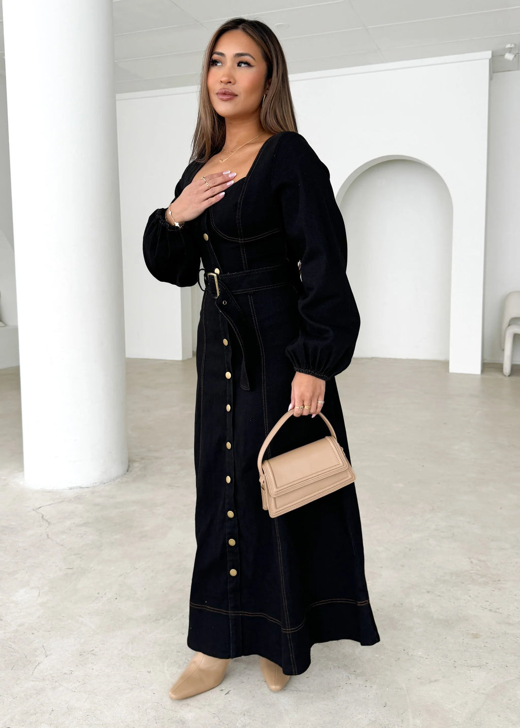 Fiorella Denim Maxi Dress - Black