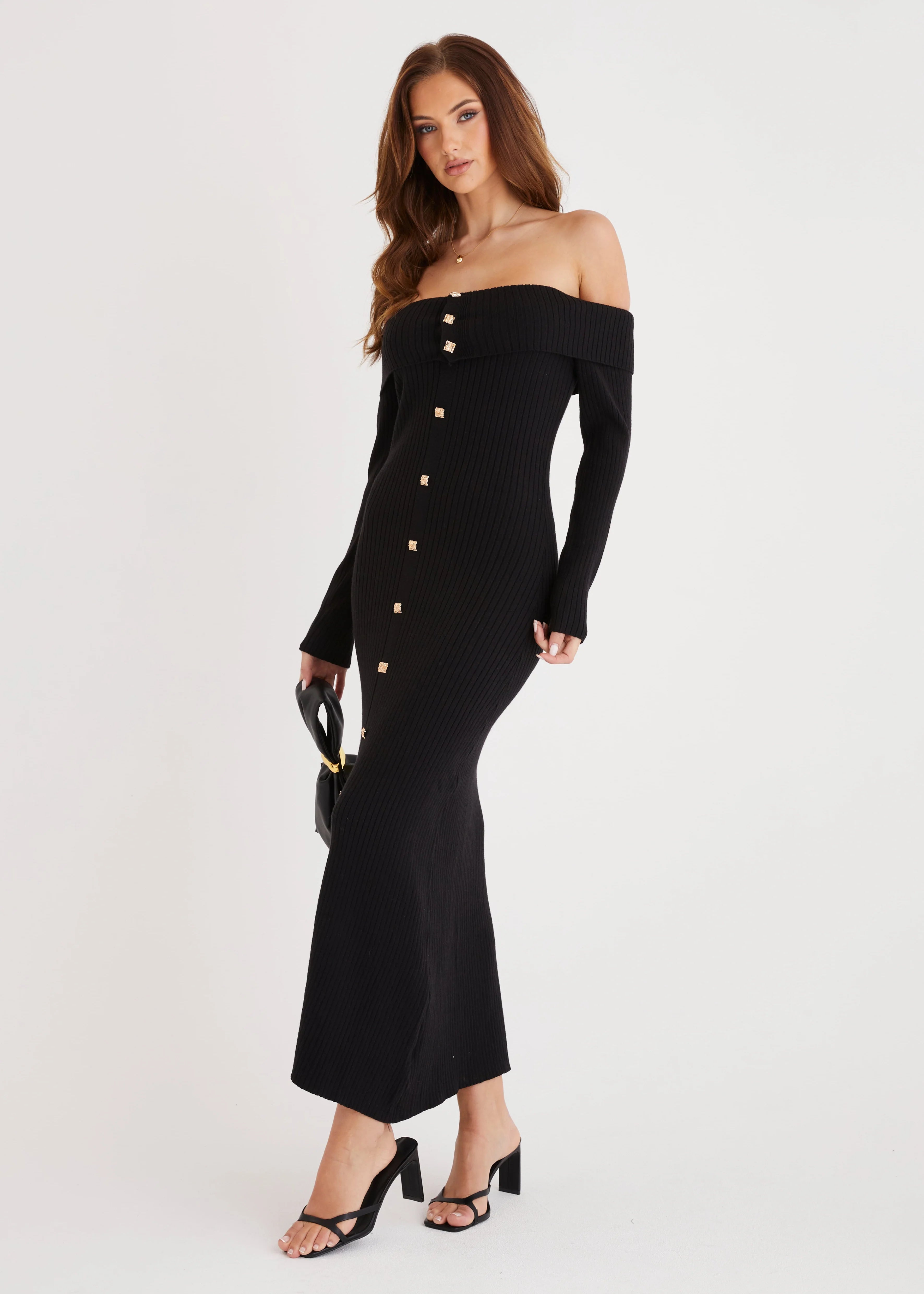 Aloe Off Shoulder Knit Maxi Dress - Black