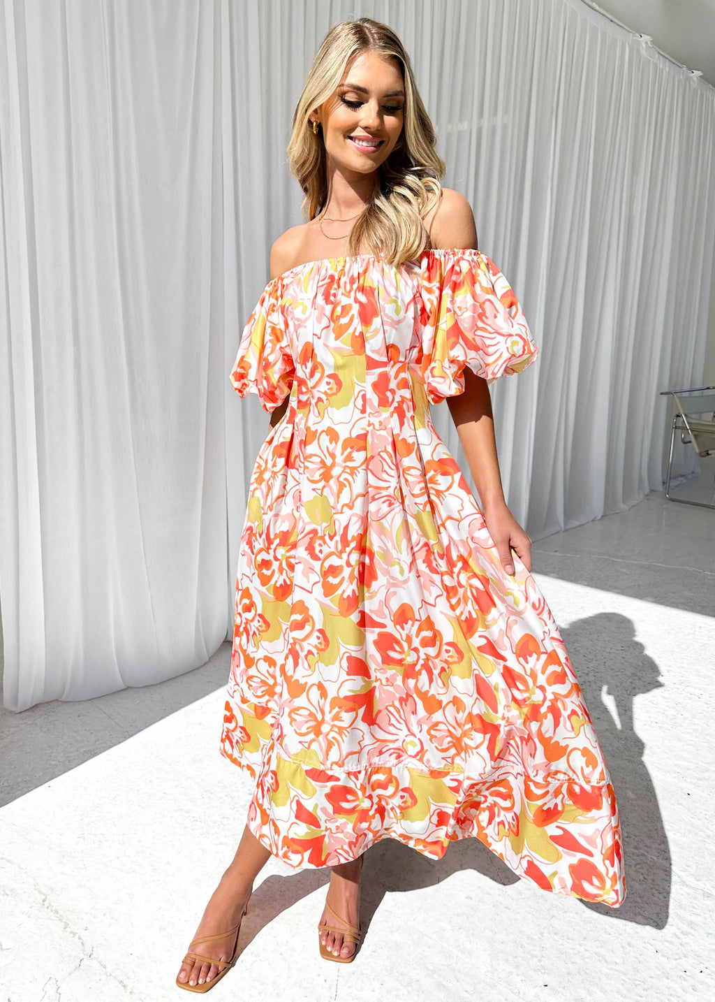 Jasmyn Off Shoulder Midi Dress - Mango Hibiscus
