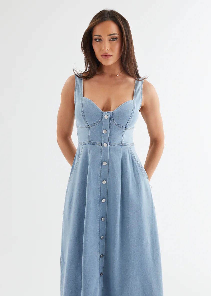 Deja Denim Midi Dress - Light Blue