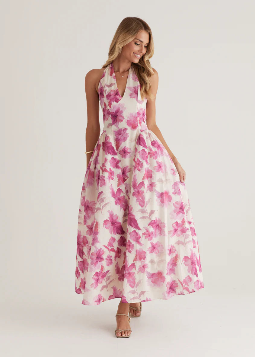 Faithless Halter Maxi Dress - Pink Flowers