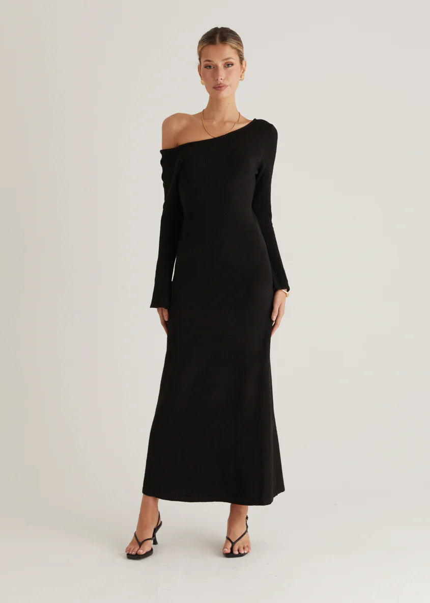 Loco One Shoulder Knit Maxi Dress - Black