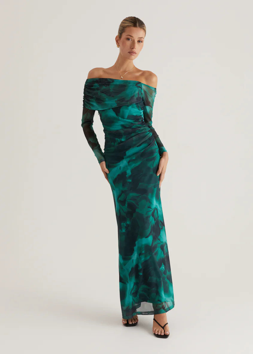 Nix Off Shoulder Maxi Dress - Emerald Watercolour