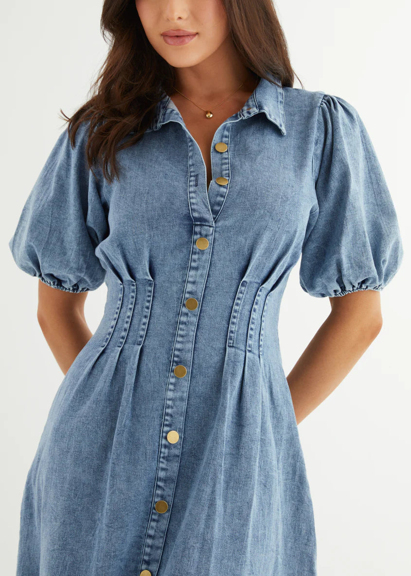 Yves Stretch Denim Midi Dress - Washed Blue