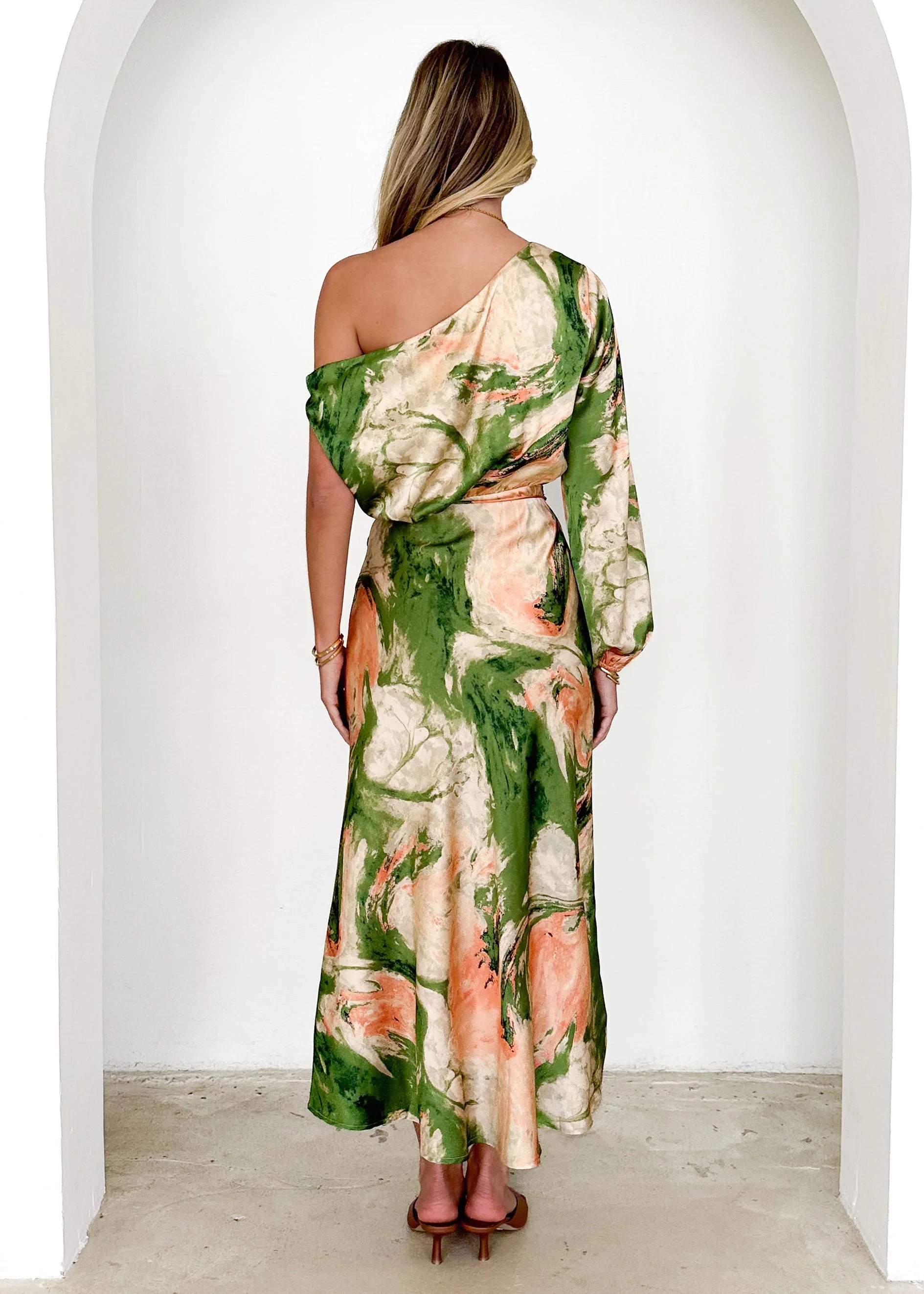Elanor One Shoulder Midi Dress - Green Splash