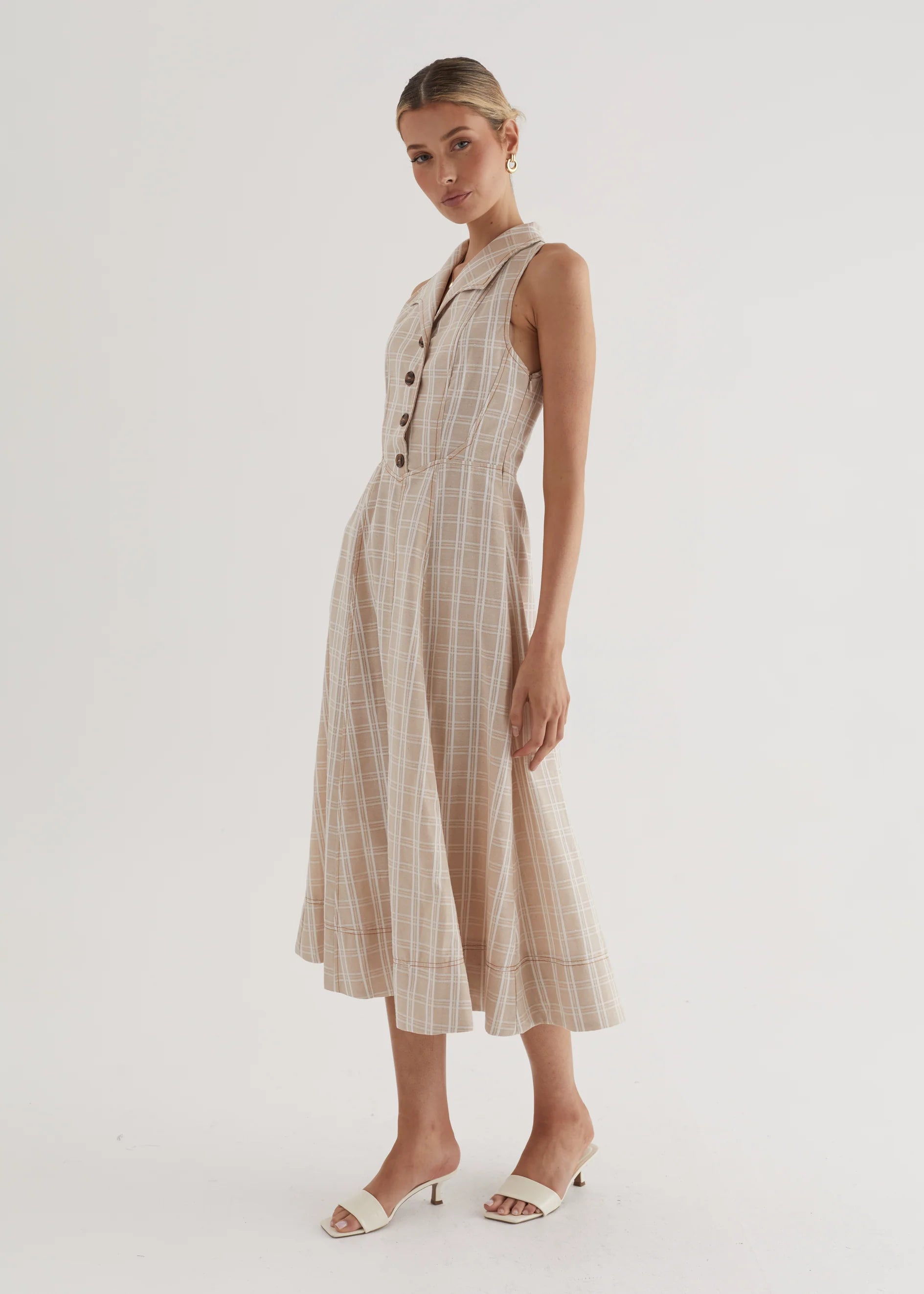 Annie Midi Dress - Beige Check