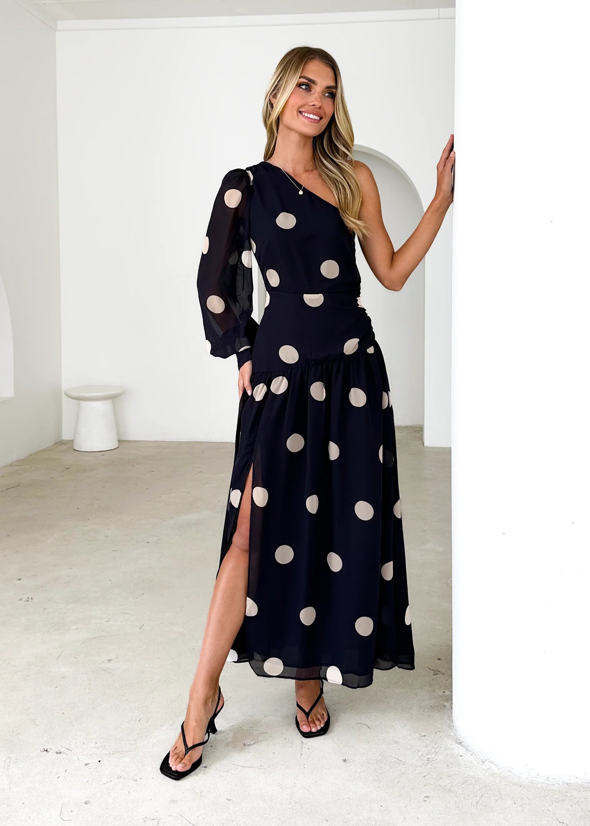 Ella One Shoulder Maxi Dress - Black Polka