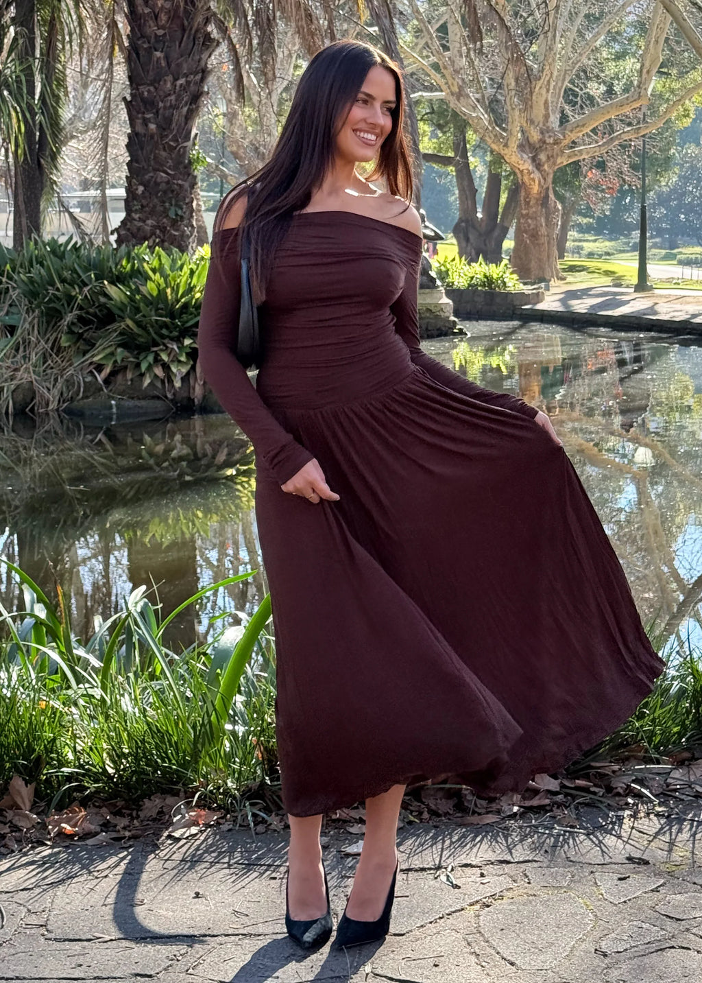 Aluna Off Shoulder Maxi Dress - Chocolate