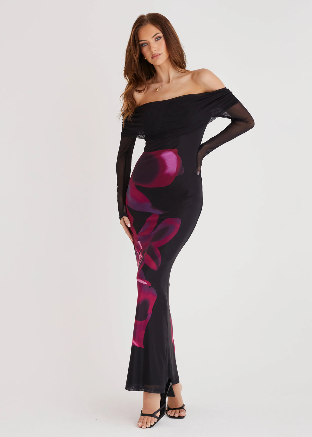 Slate Off Shoulder Mesh Maxi Dress - Black Floral