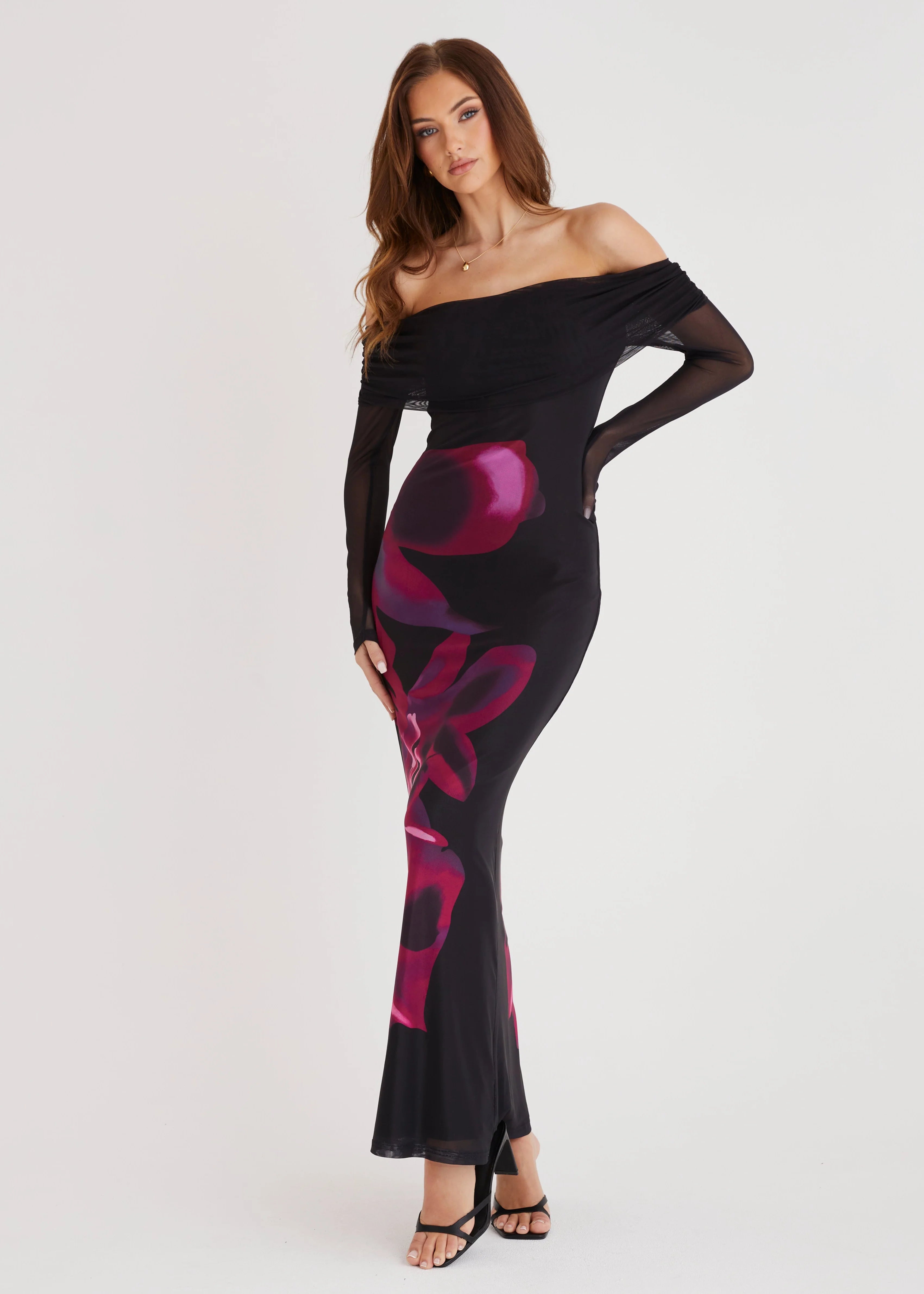 Slate Off Shoulder Mesh Maxi Dress - Black Floral