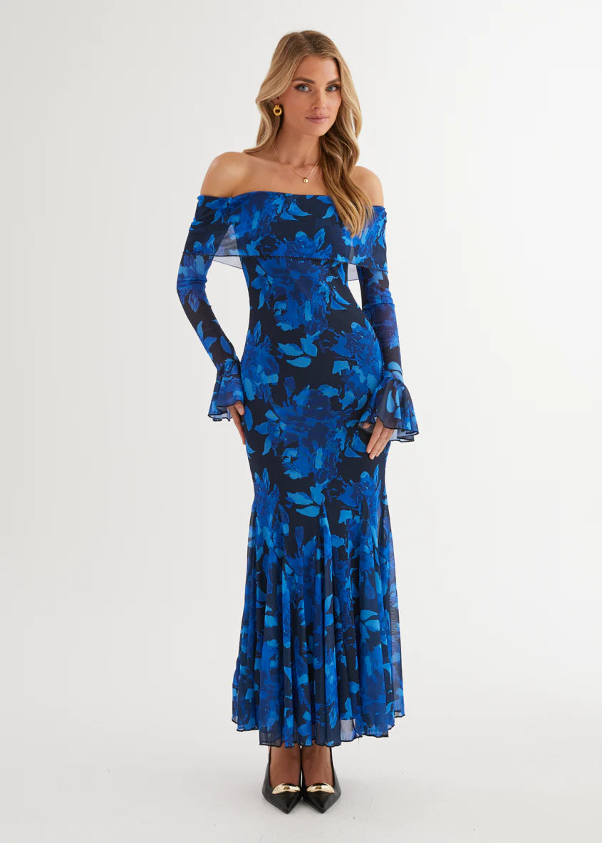 Linier Off Shoulder Mesh  Maxi Dress - Blue Floral
