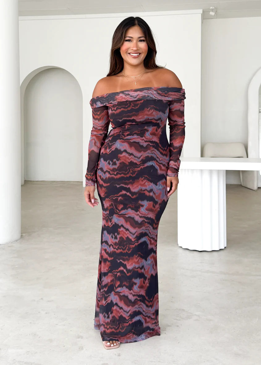 Sienna Mesh Off Shoulder Maxi Dress - Black Tie Dye