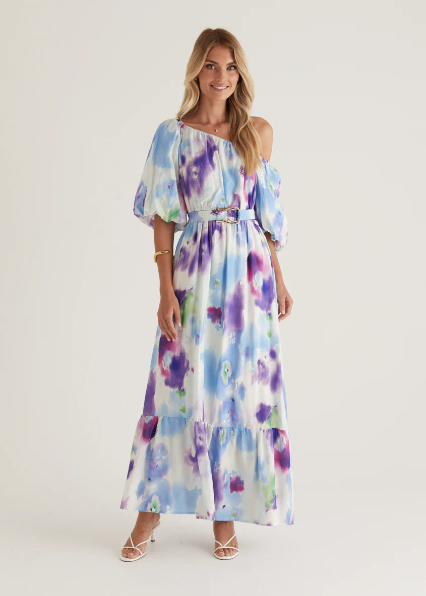 Halia Off Shoulder Midi Dress - Violet Watercolour