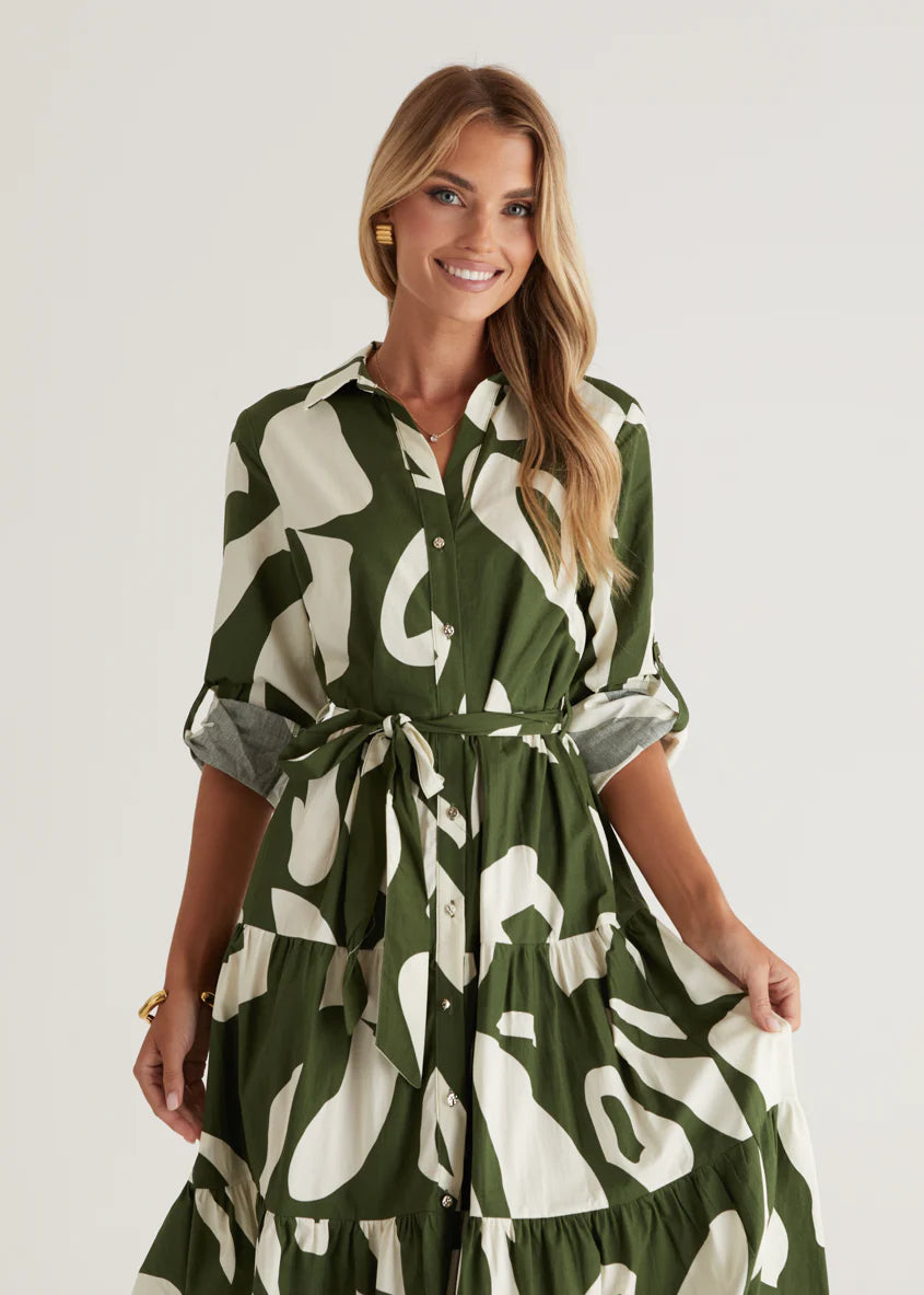 Maybelle Midi Dress - Khaki Leaf