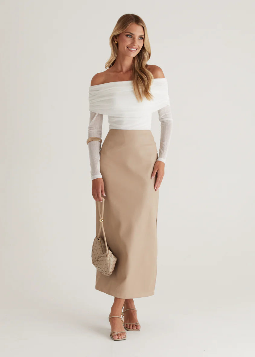 Whisky PU Midi Skirt - Nude