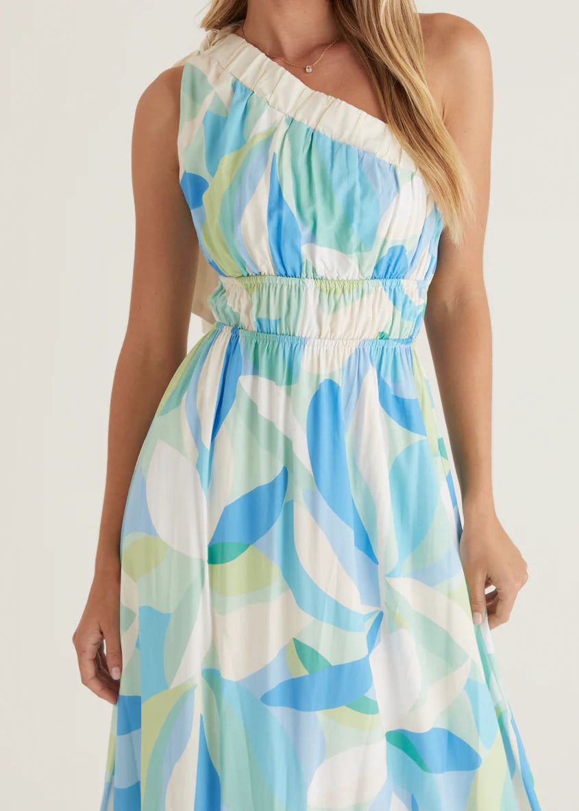 Rainfall One Shoulder Maxi Dress - Blue Abstract