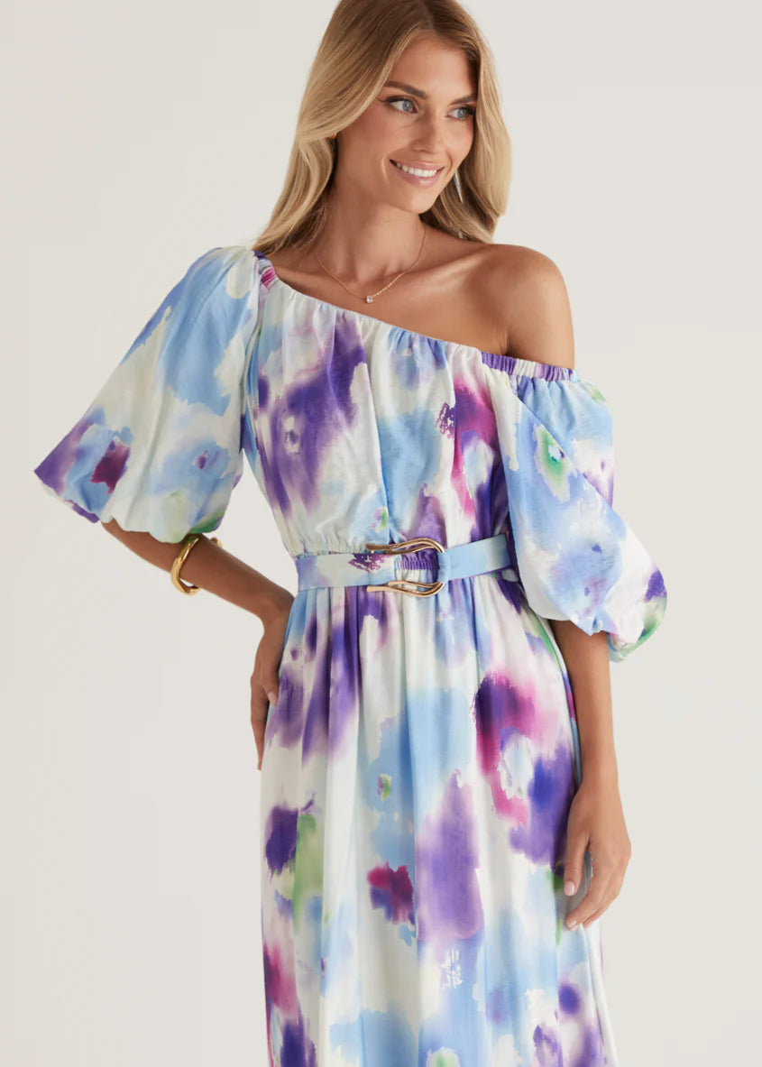 Halia Off Shoulder Midi Dress - Violet Watercolour