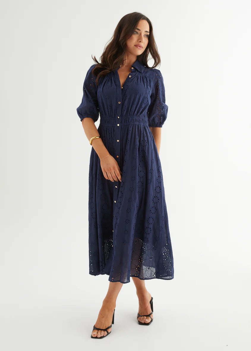 Eryn Midi Dress - Navy Anglaise