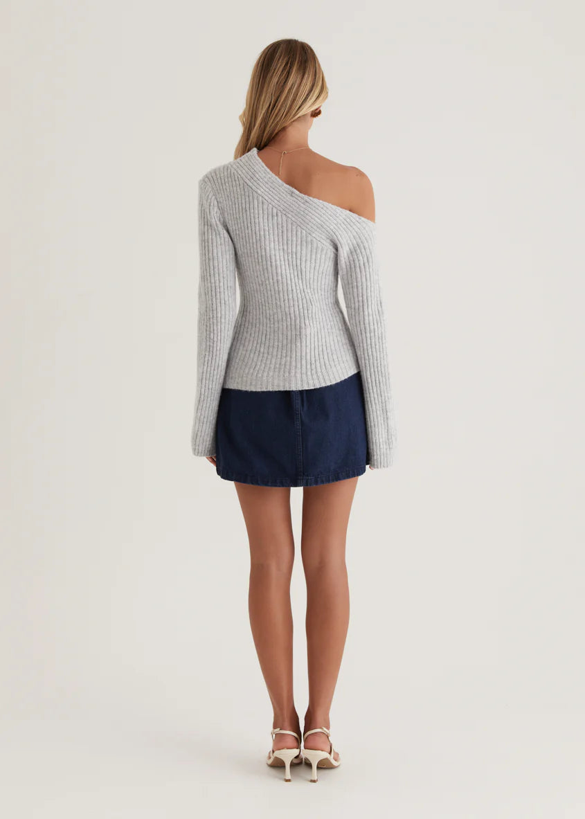 Lily One Shoulder Knit Top - Grey