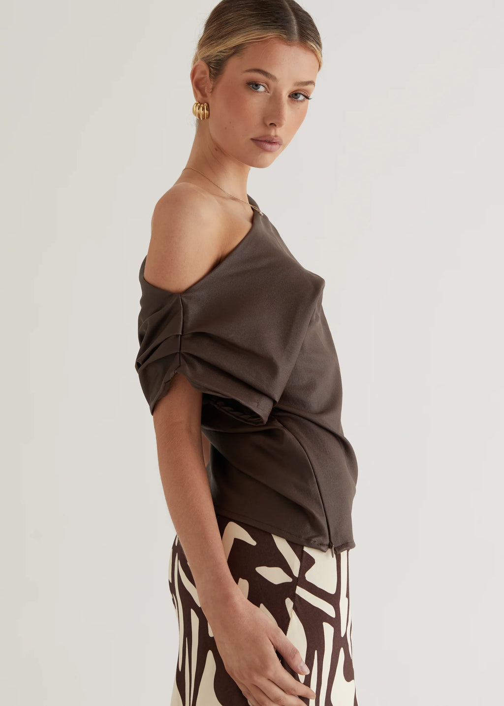Inka One Shoulder Coated Top - Chocolate