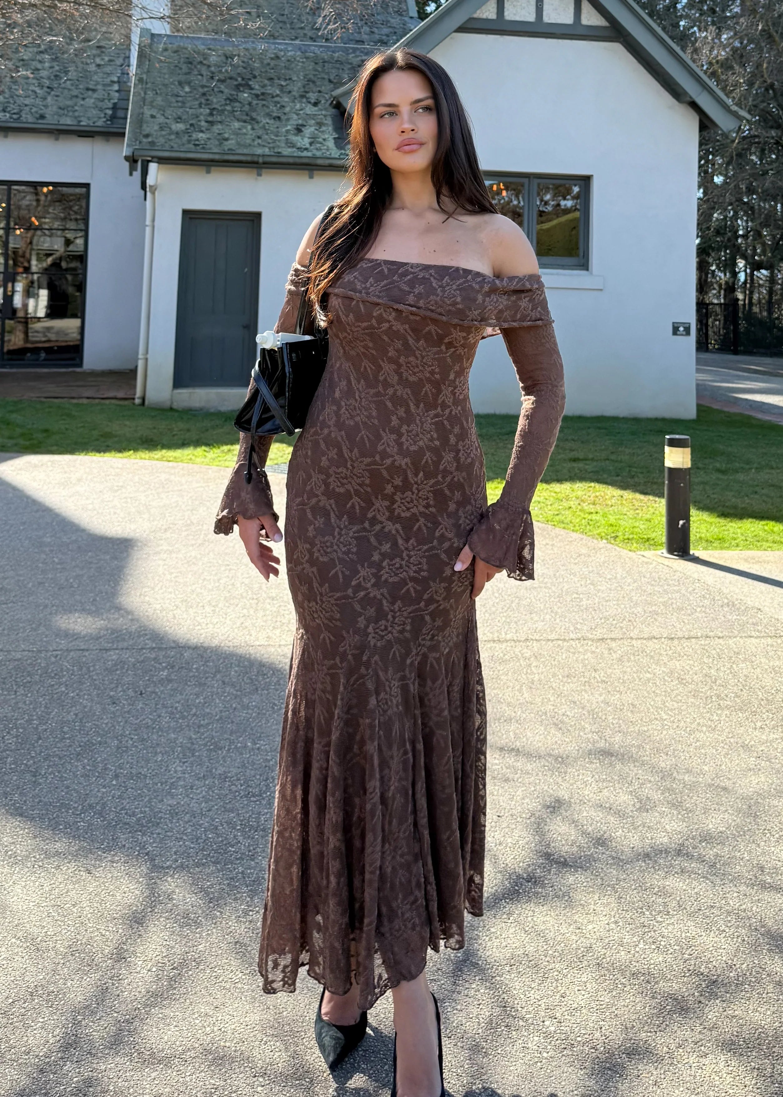 Cabo Off Shoulder Lace Maxi Dress - Chocolate