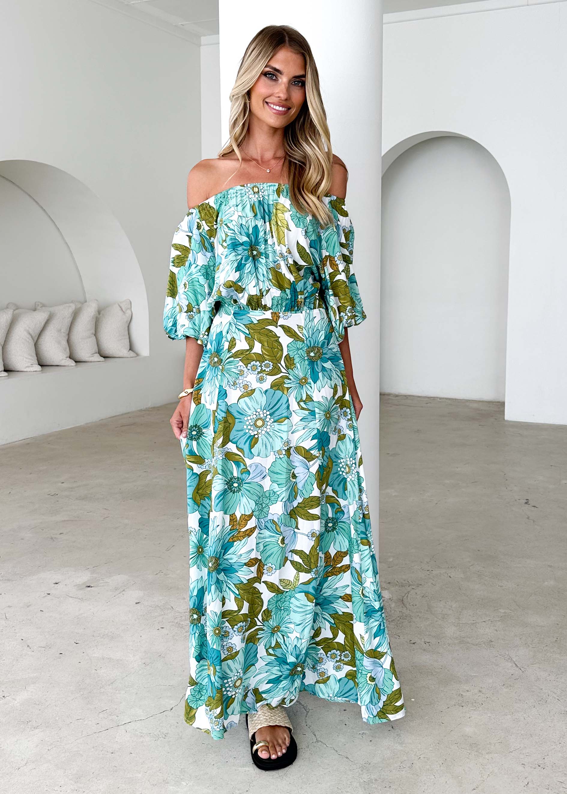 Hallie Off Shoulder Maxi Dress - Amaya Green