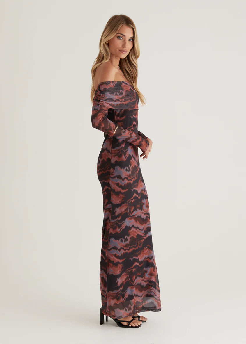 Sienna Mesh Off Shoulder Maxi Dress - Black Tie Dye