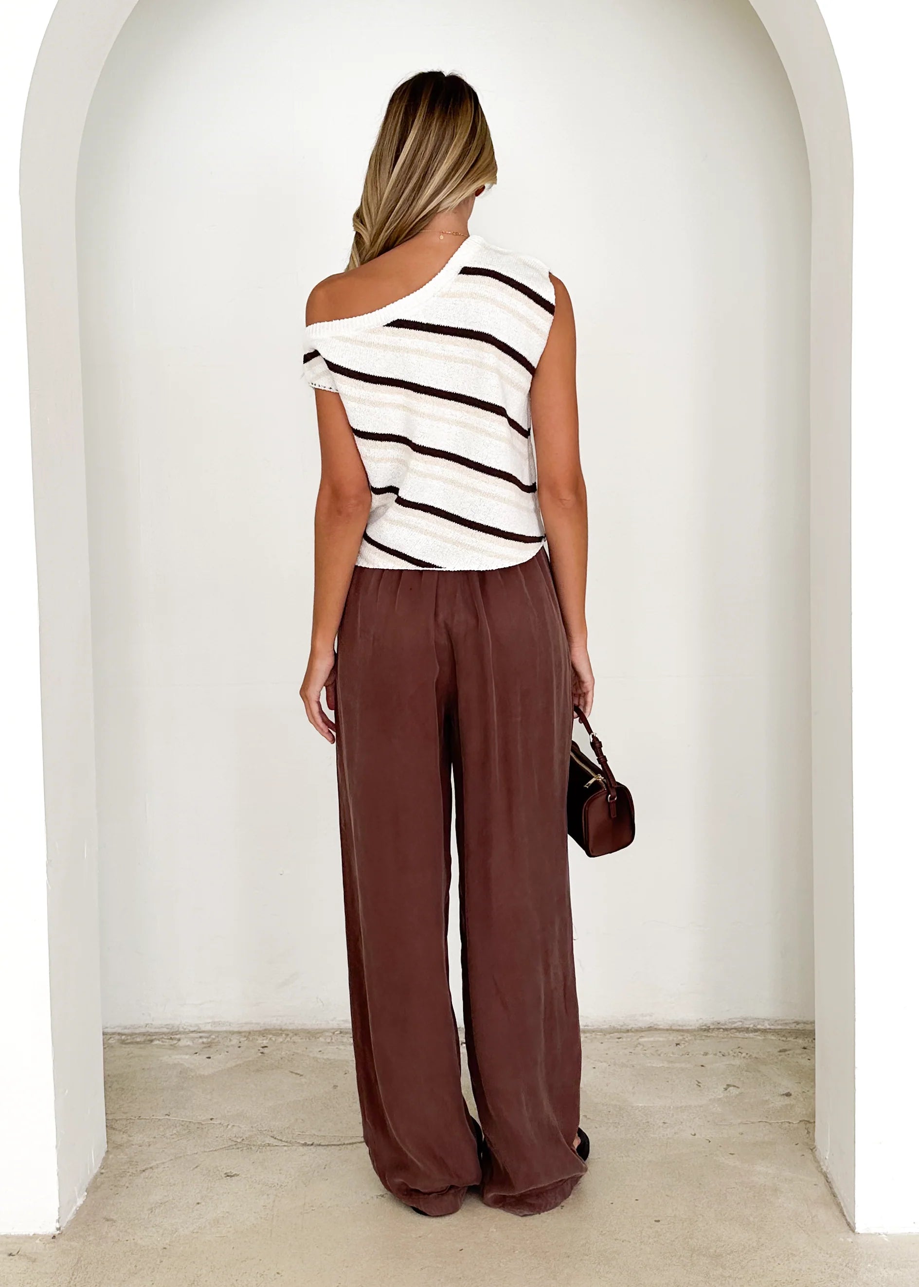 Gracie One Shoulder Knit Top - Choc Stripe