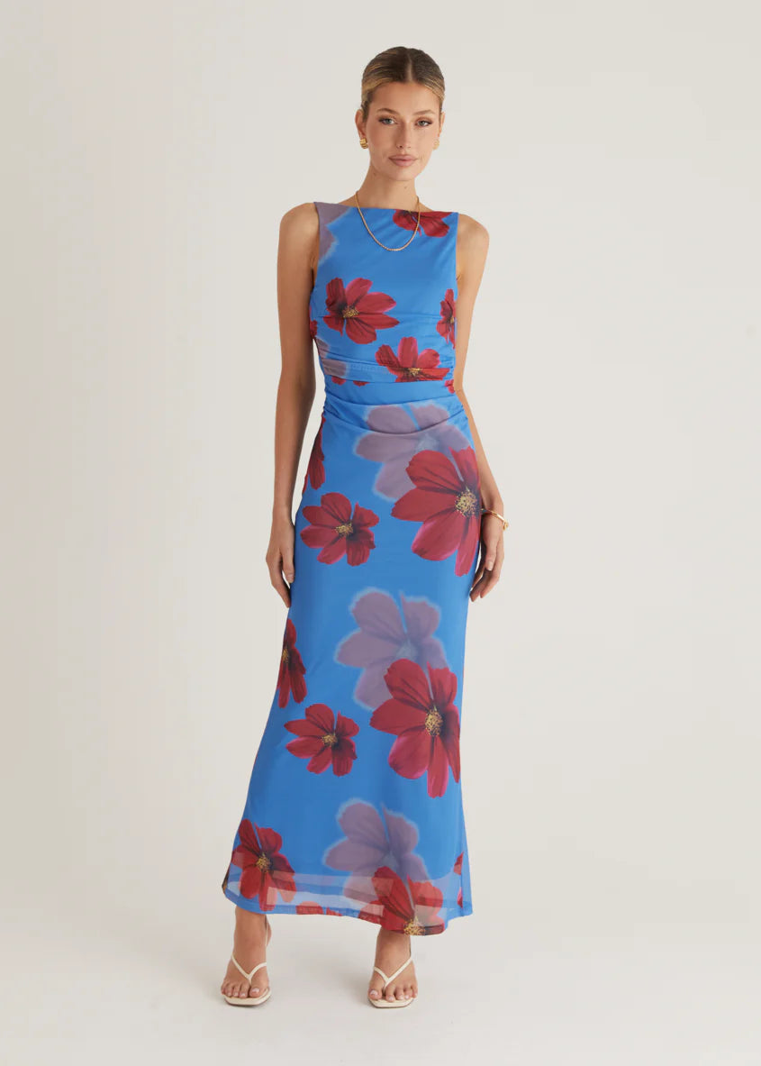 Rivka Mesh Maxi Dress - Blue Floral