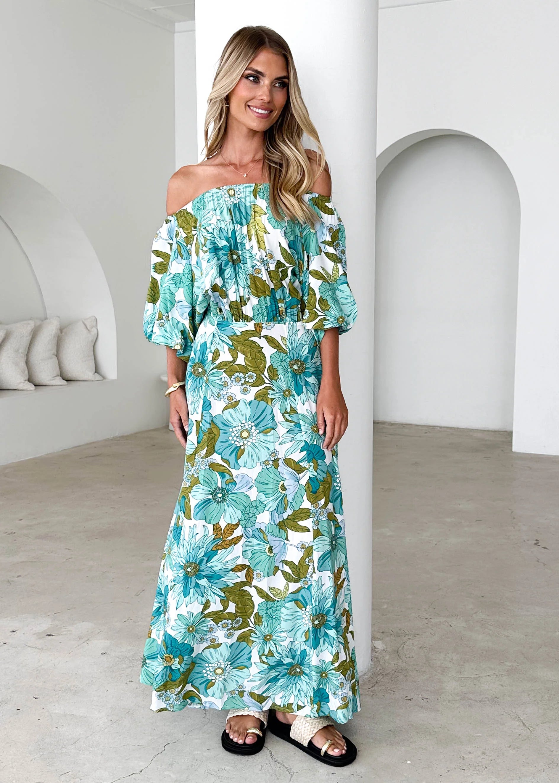Hallie Off Shoulder Maxi Dress - Amaya Green