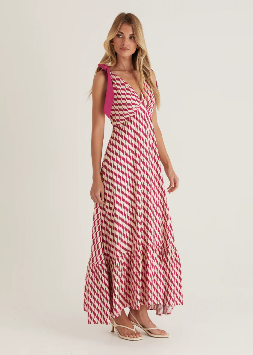 Havannah Tie Midi Dress - Magenta Wave