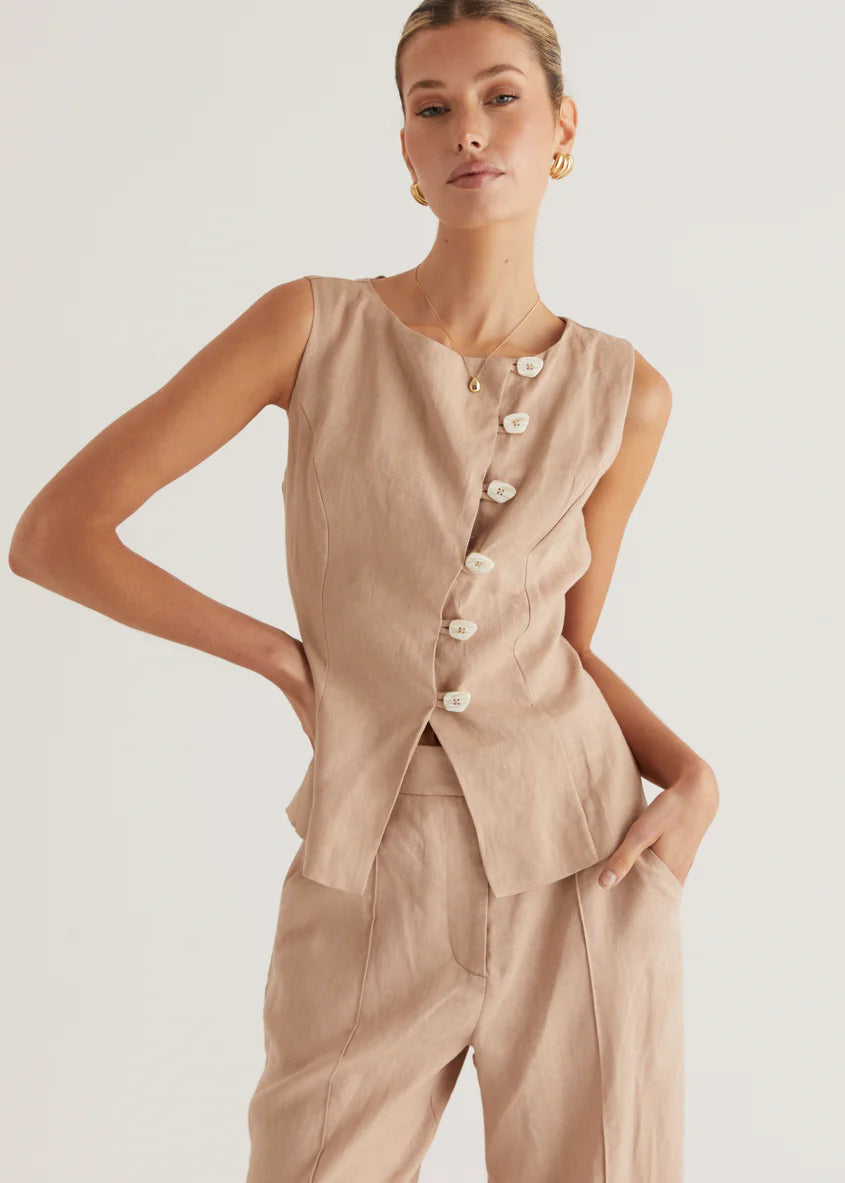 Thalia Linen Vest Top - Taupe