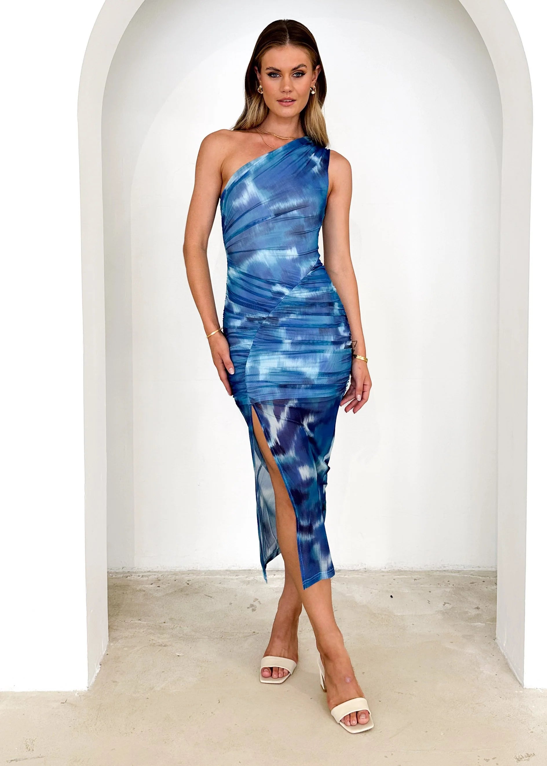 Amy One Shoulder Mesh Midi Dress - Blue Tie Dye