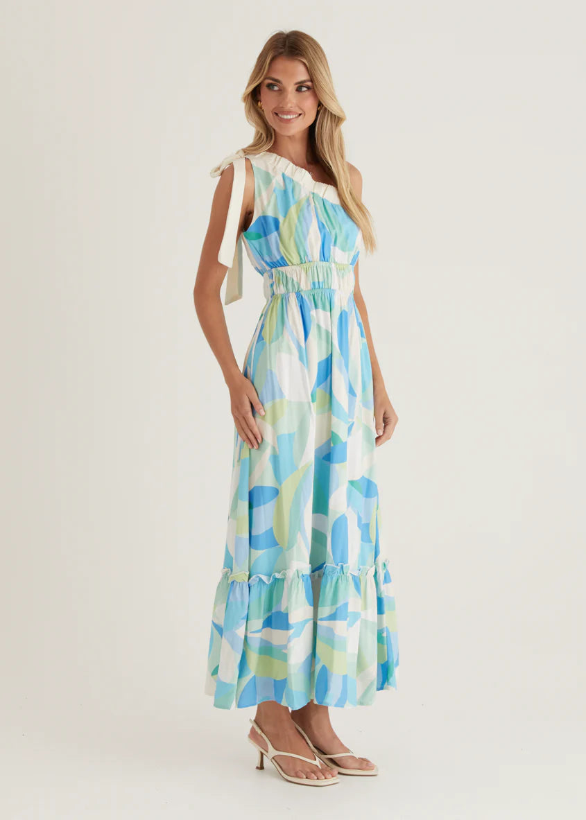Rainfall One Shoulder Maxi Dress - Blue Abstract