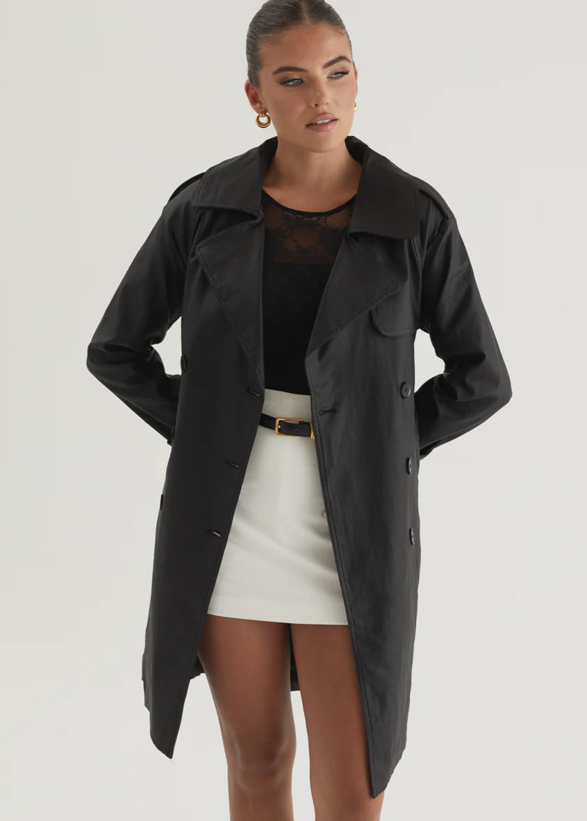 Rexia Coated Trench Coat - Black