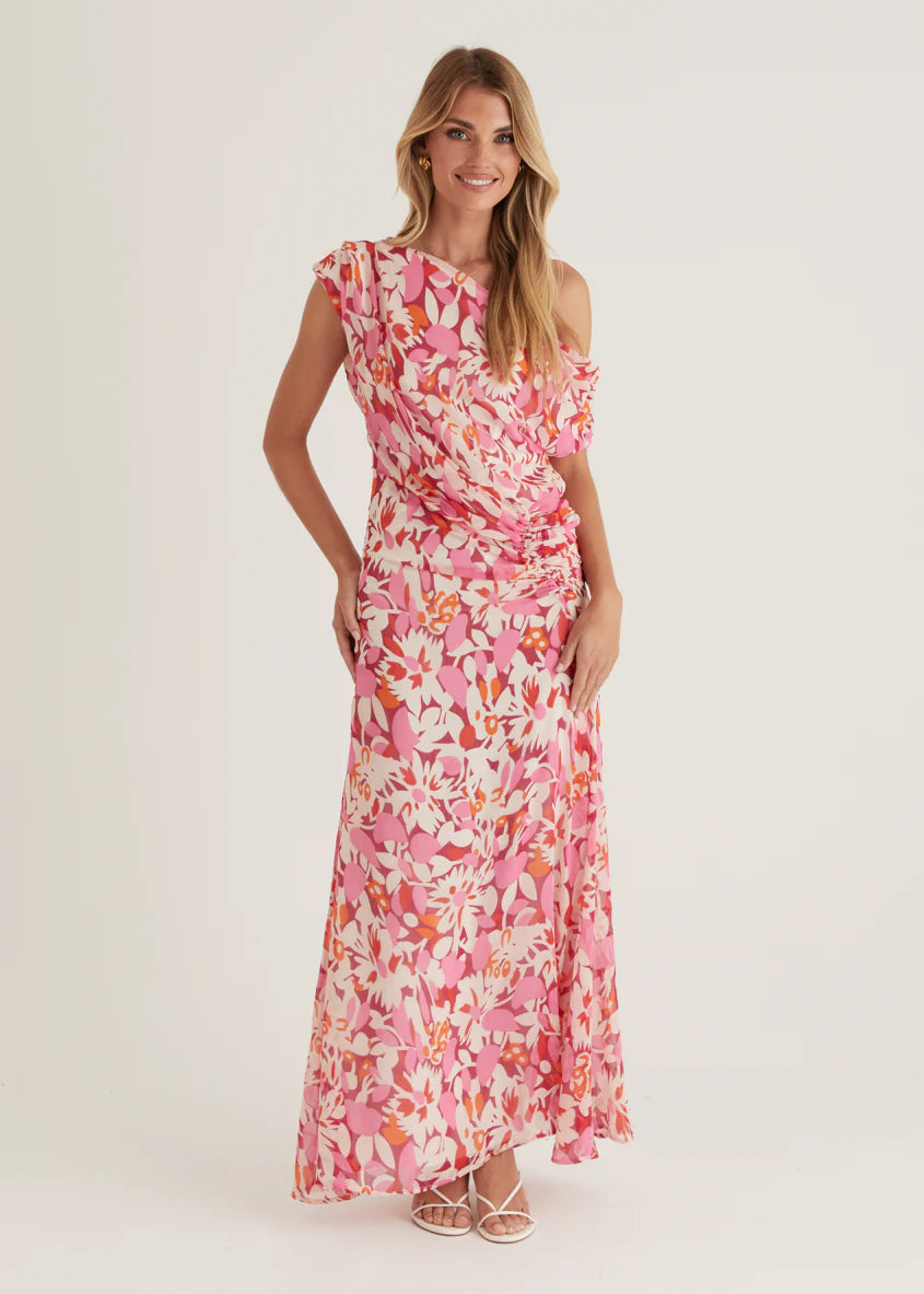 Helix Off Shoulder Midi Dress - Rio Pink