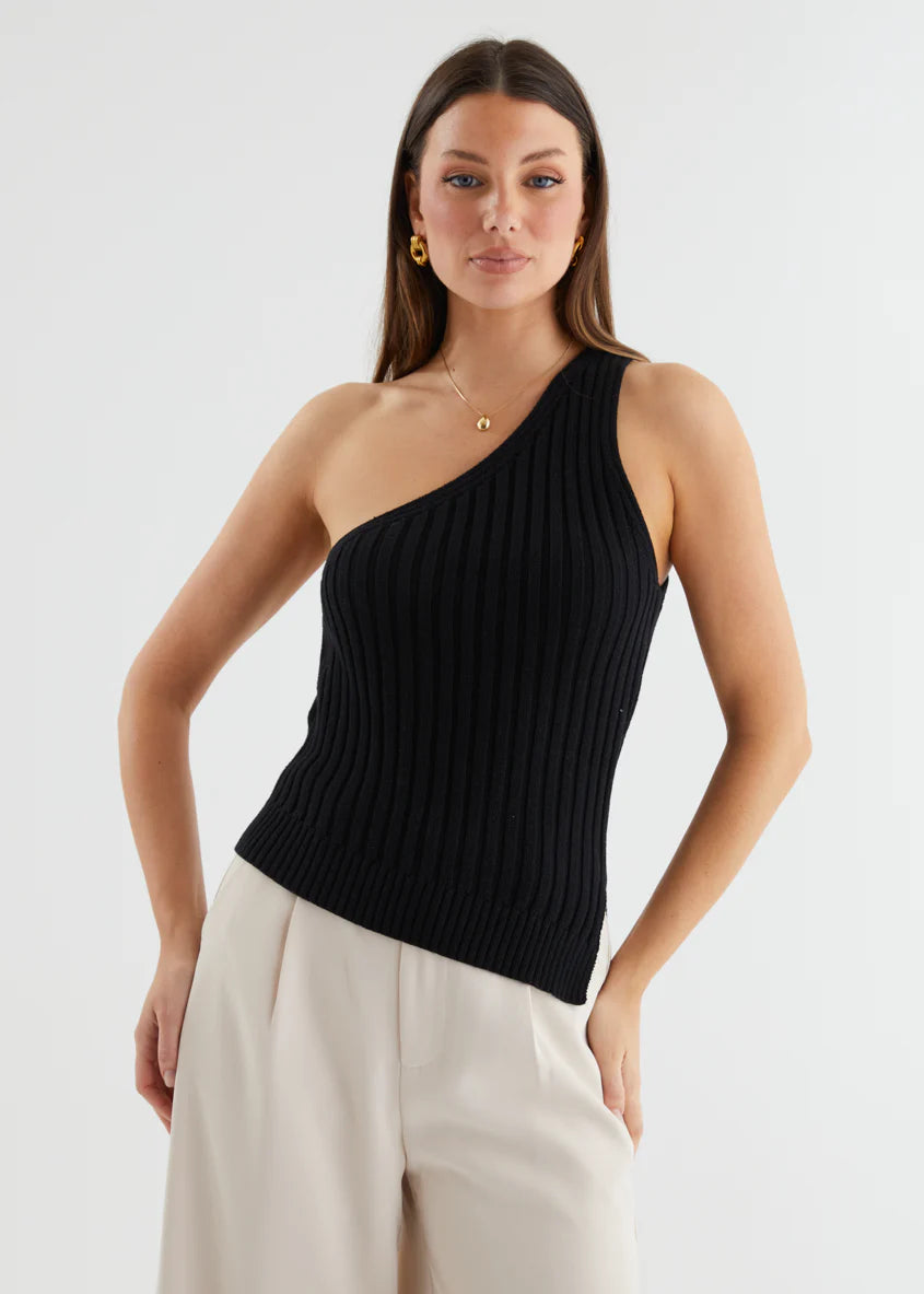 Natalee One Shoulder Knit Top - Black