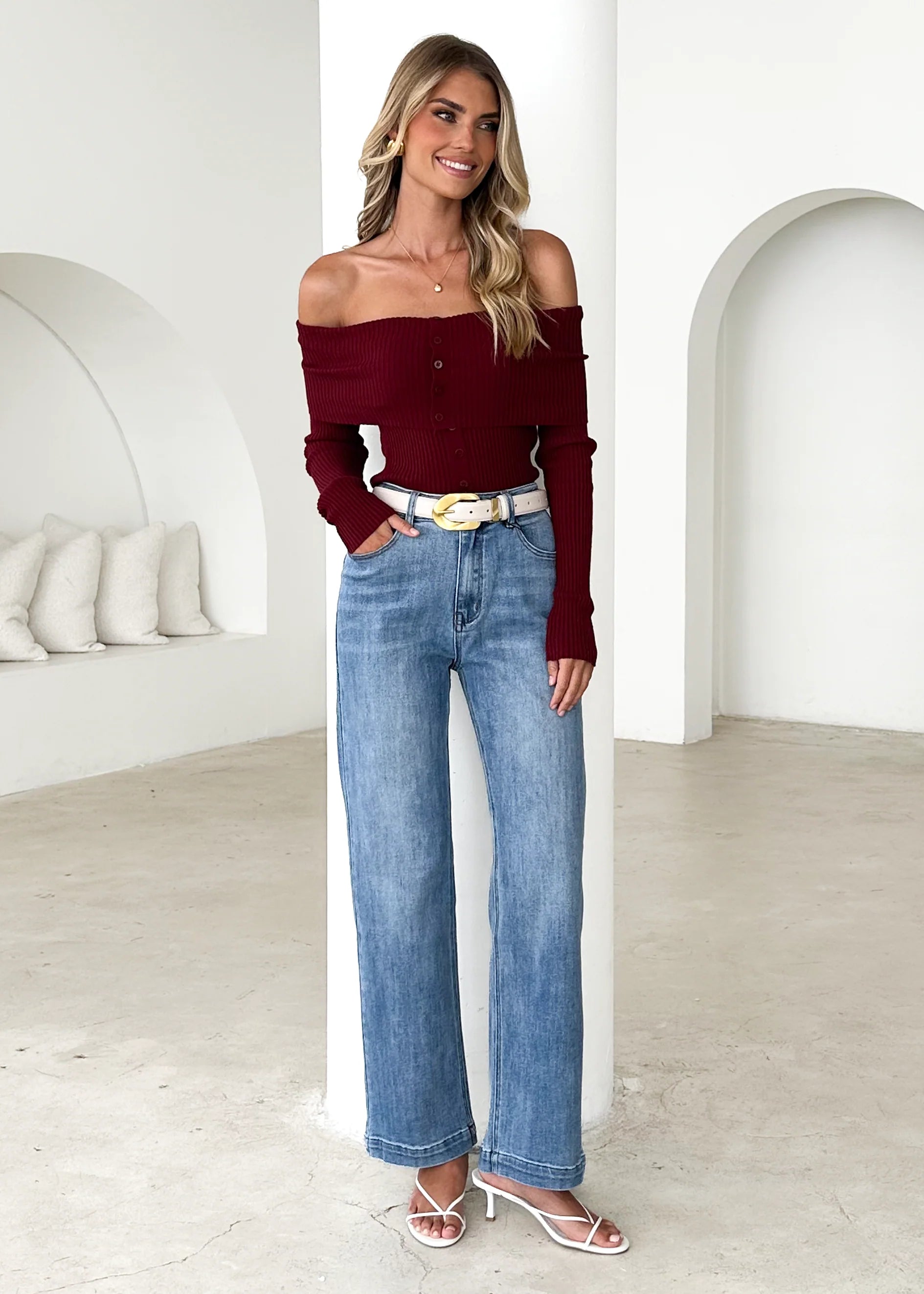 Talulah Off Shoulder Knit Top - Wine