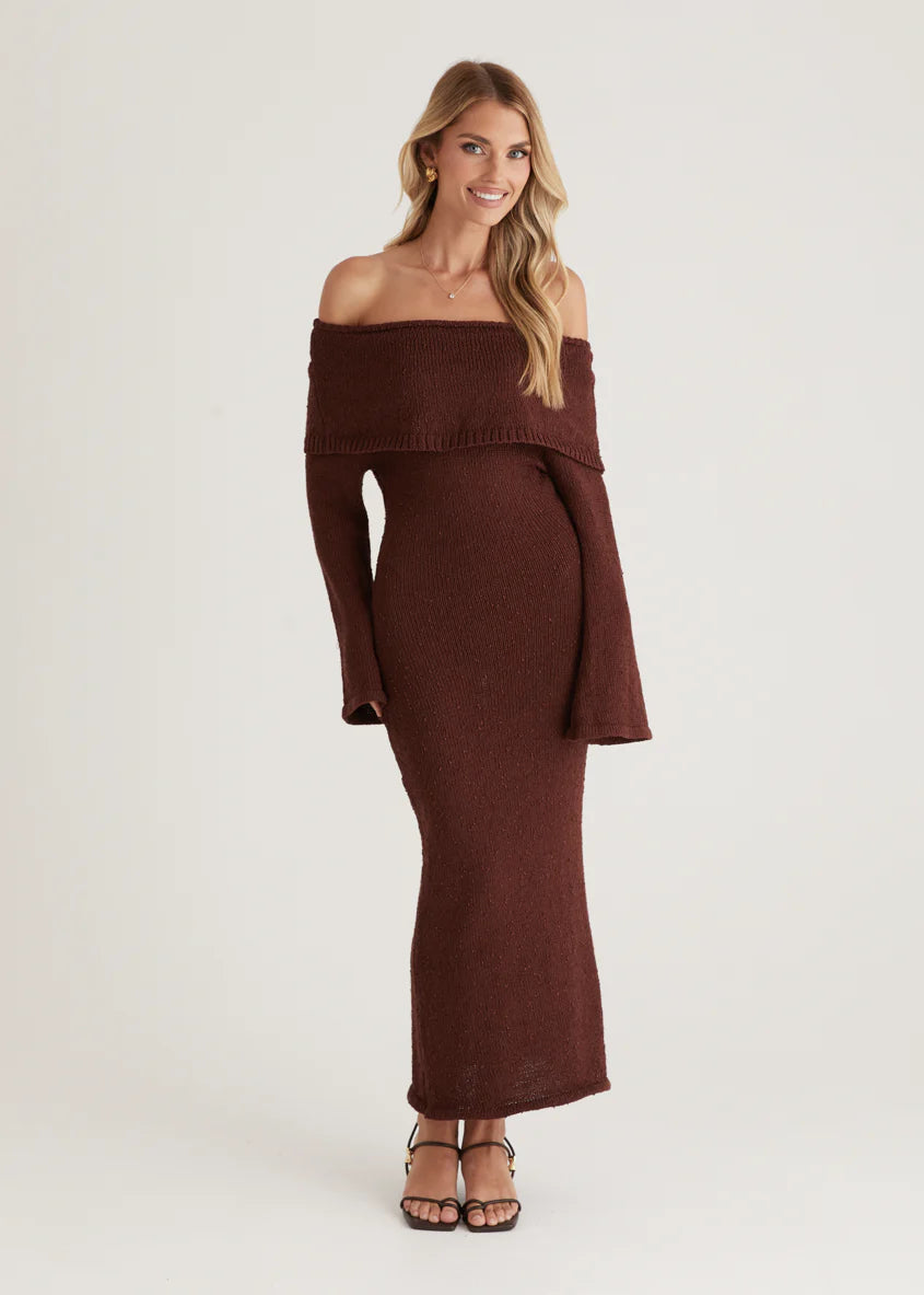 Sky Off Shoulder Knit Midi Dress - Chocolate