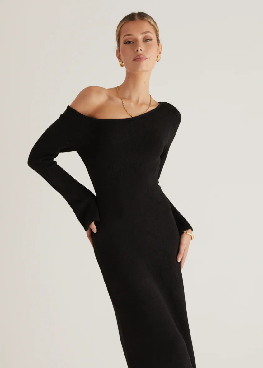 Loco One Shoulder Knit Maxi Dress - Black