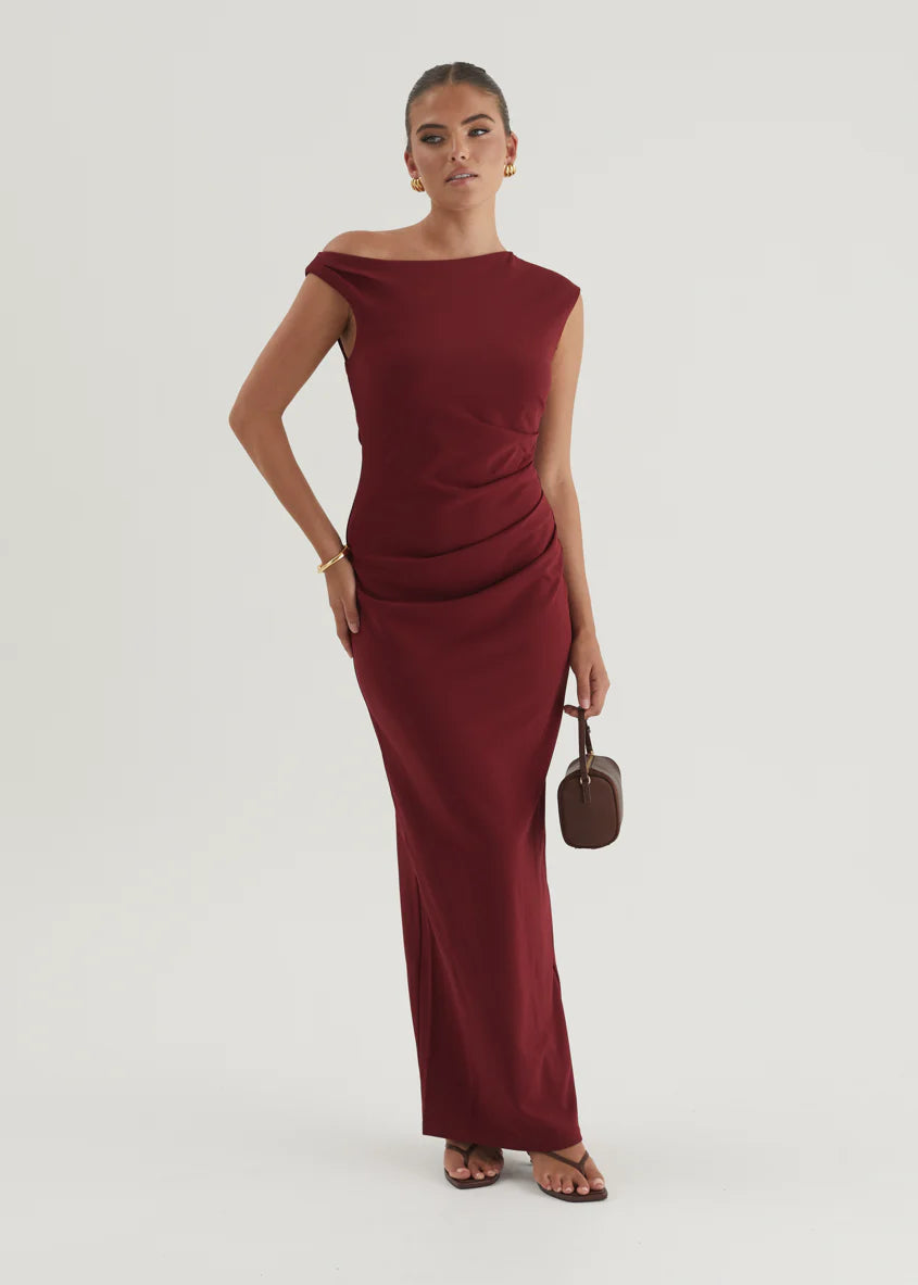 Carmella One Shoulder Maxi Dress - Burgundy
