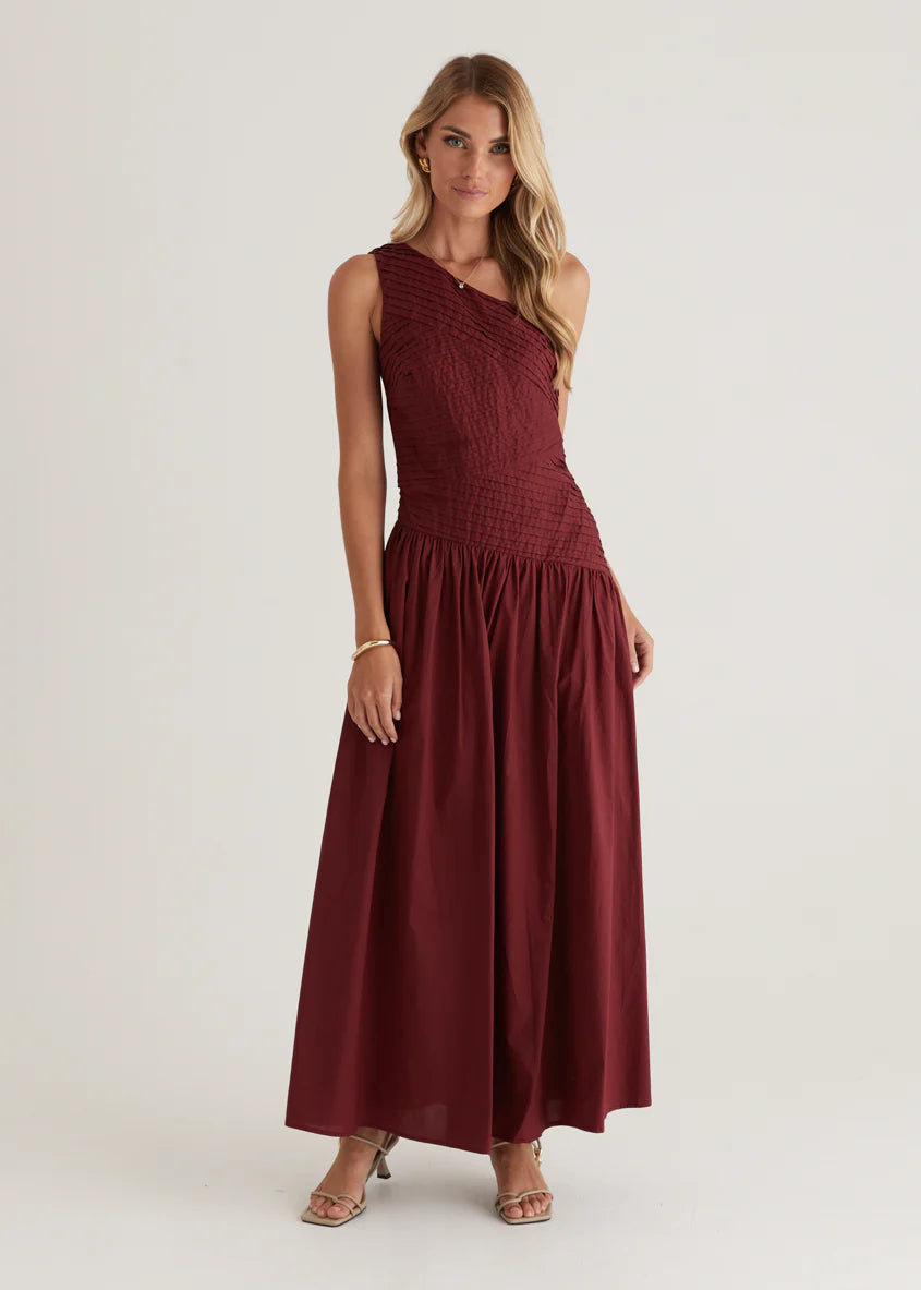 Tazzy One Shoulder Maxi Dress - Burgundy