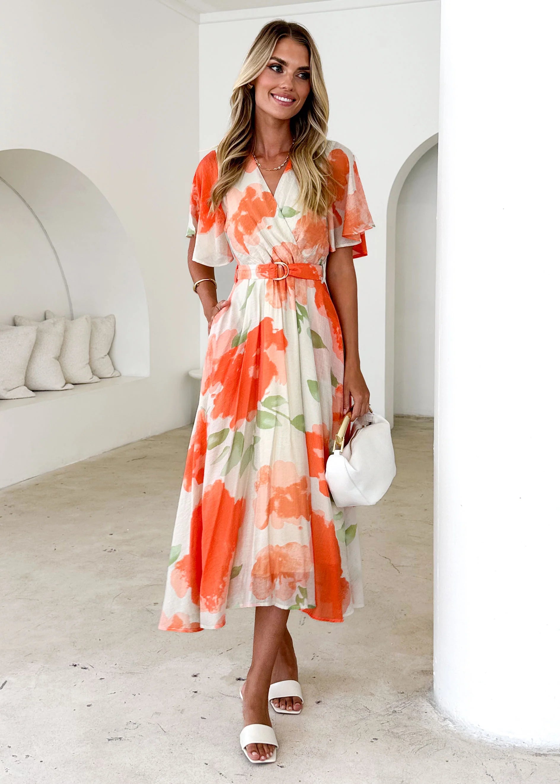 Zanzibar Midi Dress - Orange Watercolour