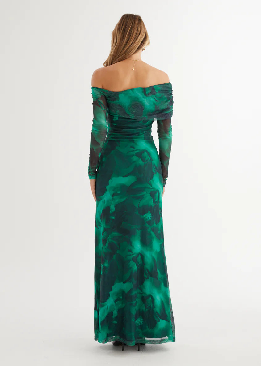Nix Off Shoulder Maxi Dress - Emerald Watercolour
