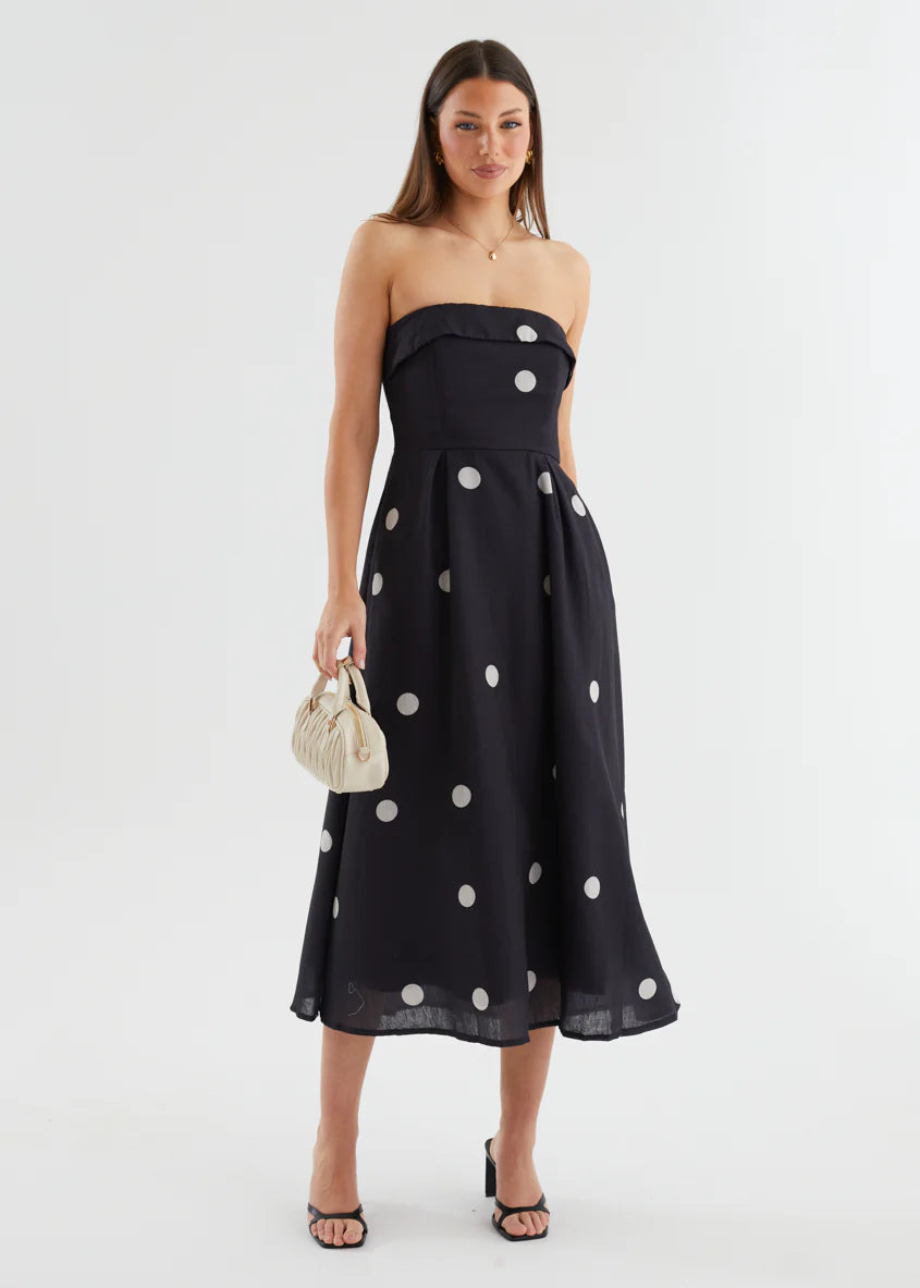 Charlee Strapless Midi Dress - Black Polka